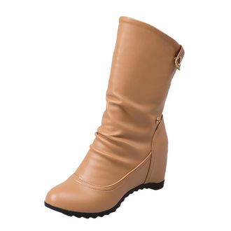 Generic Winter Womens Solid Color Leather Heel Ankle Boots with High Slope Design for Comfort and Style (A, 7)