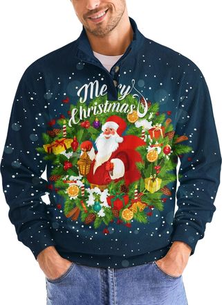 Generic Christmas Sweatshirts for Men Fashion Xmas Graphic Print Long Sleeve Sweatshirt Stand Collar Button Slim Pullover Tops