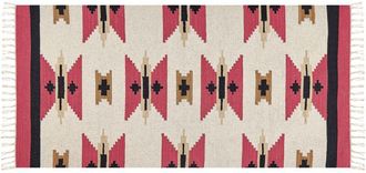 Beliani Alfombra Kilim De Algod&oacute;n Rojo Beige Negro 80 X 150 Cm A Mano Geom&eacute;trico Borlas Garni