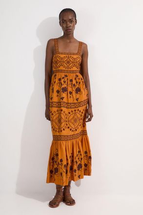 Karen Millen Womens Petite Floral & Geo Embroidered Woven Maxi Dress - Orange Cotton - Size 6 UK