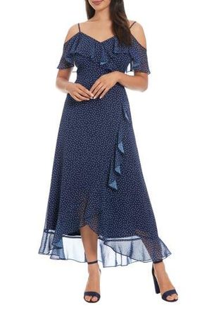 London Times Cold Shoulder Ruffle Faux Wrap Dress in Navy/White at Nordstrom Rack, Size 12