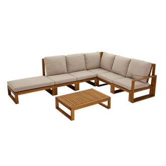 Miliboo Conjunto De Jard&iacute;n Esquinero De Madera Maciza 6-8 Plazas Con Cojines Desenfundables Color Topo Natural Salsa