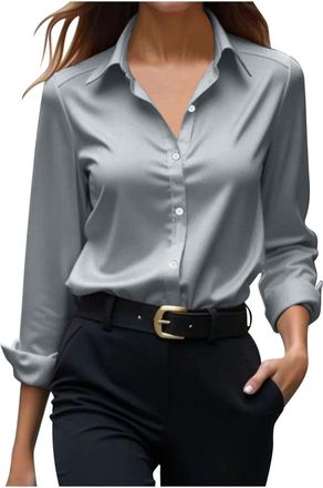 Generic Womens Satin Silk Button Down Shirt Casual Long Sleeve Classic-Fit Dress Shirts Solid Work Office Blouse Blouse Shirt Tops (UK, Alpha, XL, Regular, Re