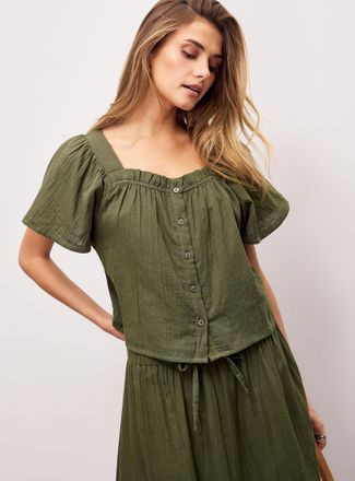 Ichi Womens Pure cotton gauze square-neck cropped blouse