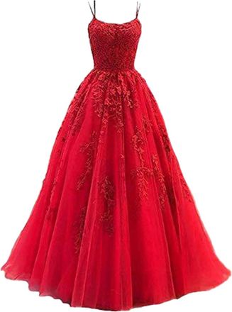 Generic Womens Spaghetti Strap Dress Long Lace Applique Party Dress Mid Dresses for Women Formal Red
