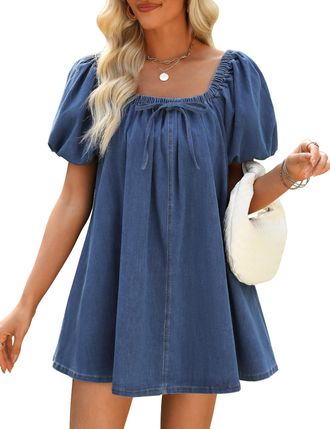 Fengbay Denim Dresses for Women UK, Ladies Puff Short Sleeve Casual Jean Dress Square Neck Denim Dresses with Pockets A-Blue