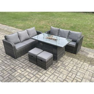 Fimous Rattan Garden Furniture Set with Fire Pit Table 8 Seater Outdoor Lounge Sofa Set Dark Grey Mixed - Fimous