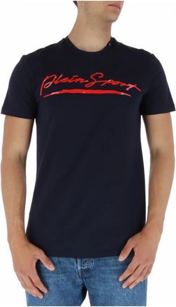 Plein Sport Rode Print Korte Mouw Ronde Hals T-shirt - Heren - Sportshirts - Blauw - L - Katoen - Fitness