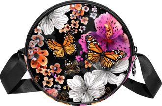 Generic Circle Crossbody Bag for Women, Flowers Butterfly Small Sling Bag Daypack with Zipper Adjustable Shoulder Straps Casual Ladies Girls Round Purse
