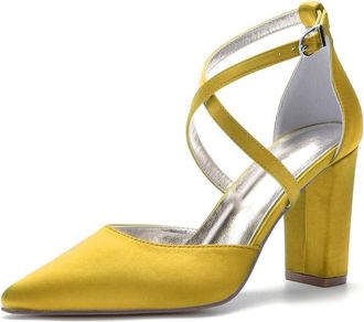 Generic Womens High Heels Satin Bridal Shoes Block Heel Wedding Shoes Pointy Toe Bridal Shoes Cross Strap Wedding Prom Party Heels 9Cm,Yellow,10 UK