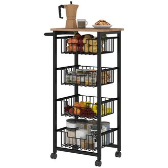 HOMCOM Homcom Carrellino Cucina 4 Cestini, Ruote E Freni In Acciaio E Legno Rovere