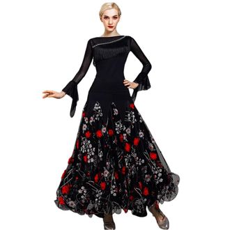 Generic Flower Printed Ballroom Dance Skirt and Top Set Tango Dresses Waltz Dress Standard Dance Dress Black top red Skirt XXL