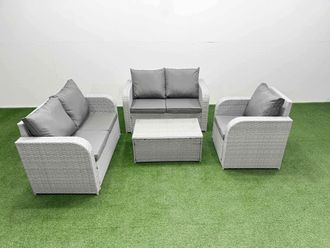 Fimous High Back Poly Rattan Garden Furniture Set with Reclining Chair Loveseat Sofa Rectangular Coffee Table Indoor Outdoor Patio Set Light Grey