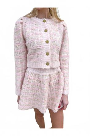 Moon River Tweed Button Up Knit Sweater In Pink
