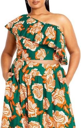 City Chic Runaway Bird Ruffle One-Shoulder Crop Top in Sundowner at Nordstrom Rack, Size 3Xl/26W