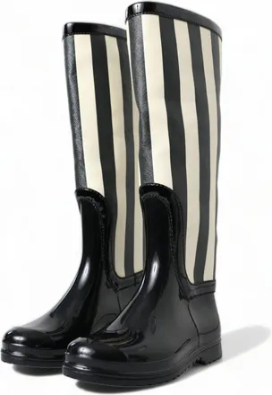 Dolce & Gabbana Black Rubber Knee High Flat Boots Womens Shoes