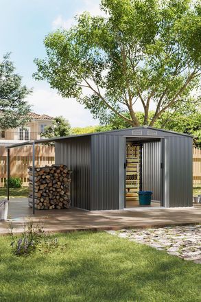 Living and Home 8x8ft Metal Shed Garden Storage Shed Apex Roof Double Door with Sun Shelter in Dark Grey