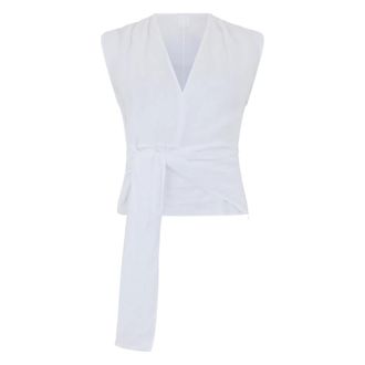 120% Lino 120% Lino, Blouses, female, White, Size: 2XL Sleeveless Blouse with Knot