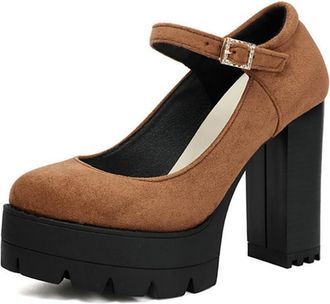 Generic Womens Fashion Low Toe Round Toe Platform Pumps Ankle Strap Buckle Chunky Ultra High Heels Mary Jane Court Shoes (Brown,7.5)