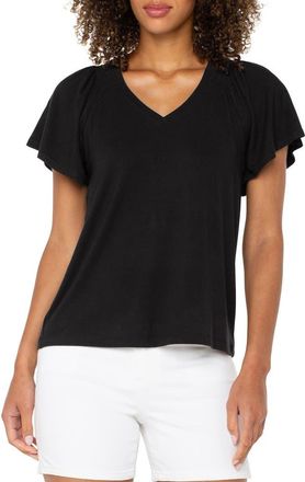 Liverpool L.A. V-Neck Flutter Sleeve Jersey Top in Black at Nordstrom, Size X-Large