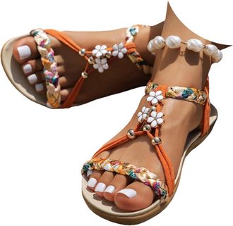 Generic Bohemian Beach Sandals for Women 2026 Summer Casual Wedge Sandal Elastic Ankle Strap Flip Flops Open Toe Jeweled Rhinestone Flatform Sexy Sandals Dres
