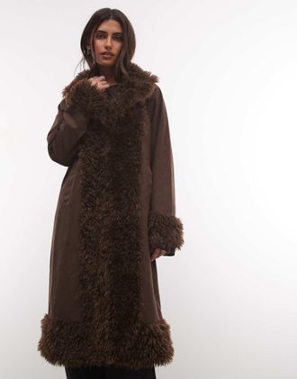 Noisy May cappotto con bordi in pelliccia sintetica marrone