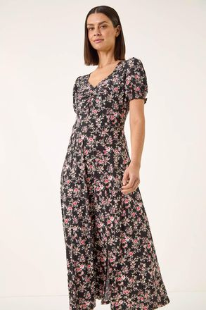 Roman Rose Print Ruched Midi Dress