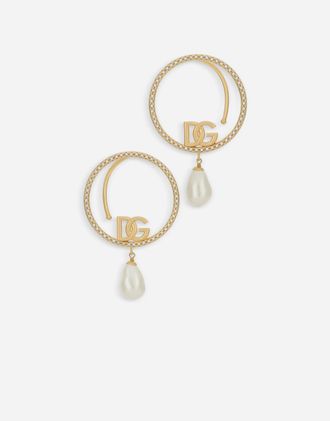 Dolce & Gabbana Hoop Earrings With Dg Logo And Pearls - Woman Bijoux Gold Metal Onesize