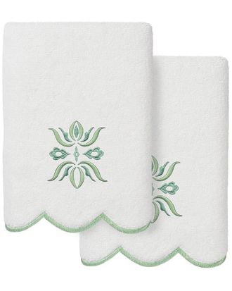 Linum Home Textiles 100% Turkish Cotton Flower Crest Scallop 2Pc Embellished Hand Towel Set
