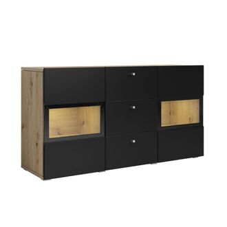 Petits Meubles Aparador 2 puertas 3 cajones con LED estratificado Negro marr&oacute;n
