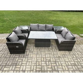 Fimous Wicker pe Rattan Outdoor Garden Furniture Sets Height Adjustable Rising lifting Dining Table Reclining Chair Sofa Set with Side Table Dark Grey Mixed