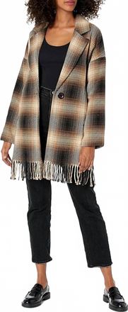 Karen Kane Plaid Fringe Trim Jacket In Brown