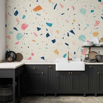 OEM Carta Da Parati Fotografica - Terrazzo Con Grandi Elementi Multicolore, Motivo Allegro Su Sfondo Chiaro / Terrazzo Con Elementi Multicolore