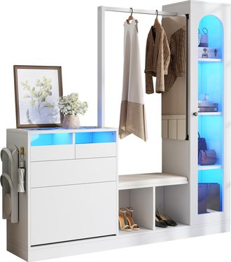 STILVORA Mueble De Entrada 6 En 1 Con Vitrina, Tocador, Banco Zapatero, Zapatero Abatible, Espejo Giratorio Y Led, Blanco