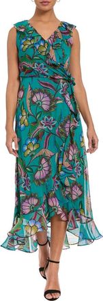 London Times Ruffle Faux Wrap Midi Dress in Teal/Berry at Nordstrom Rack, Size 14