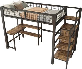 STILVORA Cama Alta Individual Con Escritorio, Estantes Y Armario 90 &times; 200 Cm, Sin Colch&oacute;n, Metal Y Mdf