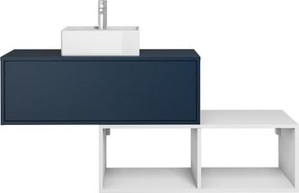 Vente-Unique Mueble de baño flotante con lavabo cuadrado - 1 cajón azul y 2 estantes blancos - 94 cm - TEANA II