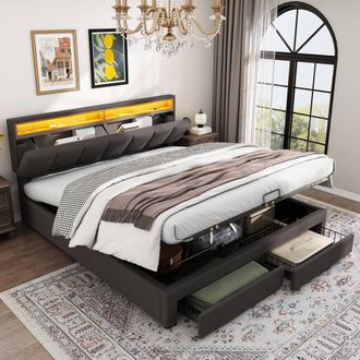 Matteo Super King Upholstered Bed with LED Lighting - Grey Linen