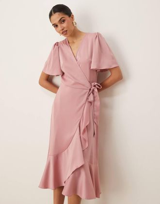 Vero Moda Vestito midi in raso rosa lilla a portafoglio