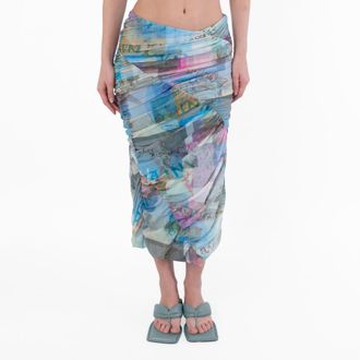 Ganni Ladies Wild Orchid Wild Orchid-Print Ruched Midi Skirt, Brand Size 36 (US Size 2)