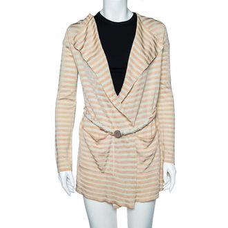 Emporio Armani Beige Striped Knit Belted Cardigan
