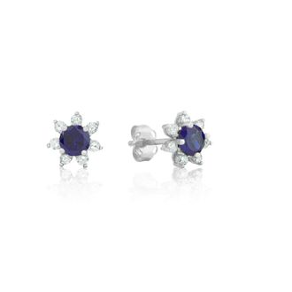 MAX + STONE 14k Yellow or White Gold Gemstone and 4mm Diamond Flower Halo Stud Earrings