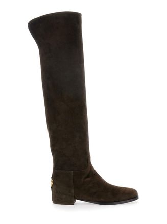 Dolce & Gabbana Brown Knee-High Boots With Back Logo Plaque In Suede Woman