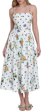 Avec Les Filles Fruit Florals & Polka Dot Belted Drop Waist Midi Dress in White Scattered Bota at Nordstrom, Size 10
