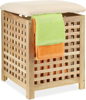Relaxdays Cesta De Ropa Sucia Con Asiento, Taburete Ba&ntilde;o Con Almacenaje, Madera De Nogal, 45 L, 50 X 39 X 39 Cm, Natural - Relaxdays