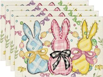 OEM Juego De 4 Manteles Individuales De Pascua De 30 X 45 Cm (12 X 18 Pulgadas), Conejitos, Flores Y Lazo, Para Celebraciones De Primavera Y Pascua