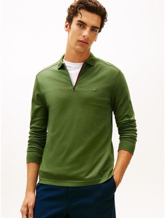 Tommy Hilfiger Mens Regular Fit Smooth Cotton Zip Polo - Green - XL