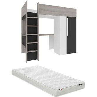 Vente-Unique Letto a soppalco + materasso con armadio e scrivania 90 x 200 cm Antracite e Bianco - nicolas ii