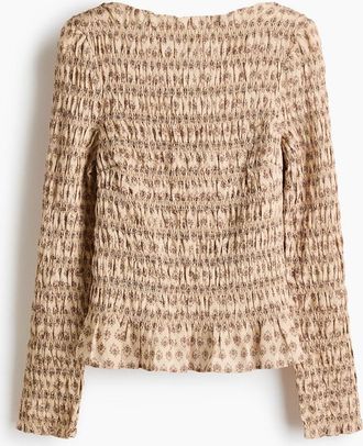H&M Gesmoktes Shirt - Beige/Gebl&uuml;mt