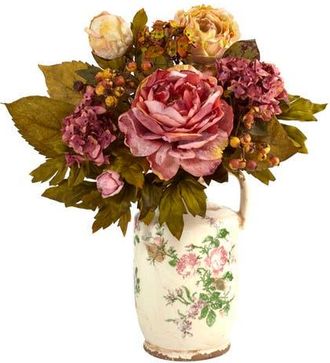 Nearly Natural 18-in Peony Artificial Arrangement in Floral Pitcher in Pink at Nordstrom